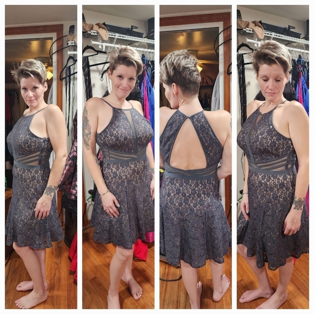 MORGAN & CO knee length skate blue lace over cream with sparkle